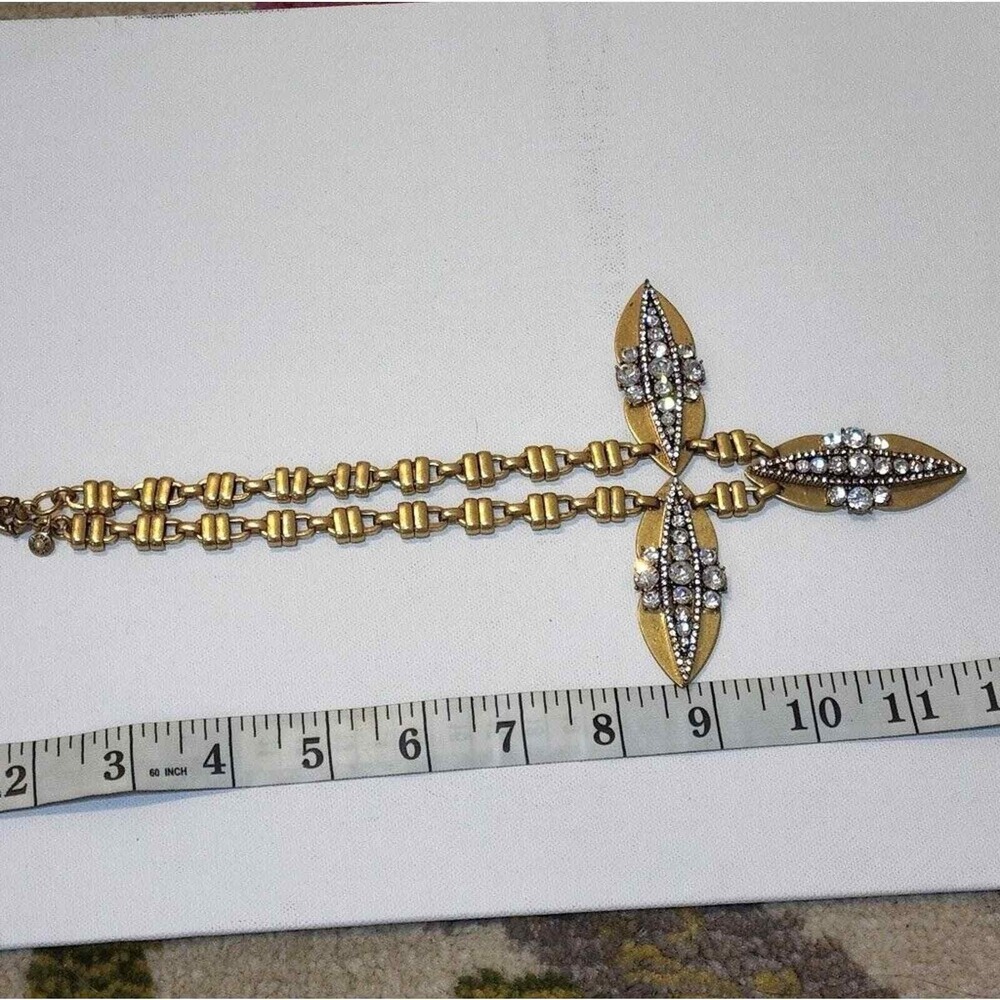 J. Crew Antique Gold Tone Crystal Leaf Statement Necklace Marquise Pendants New - Picture 10 of 10